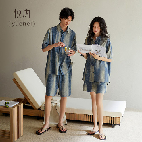 悦内情侣睡衣女士夏季夏天纯棉短袖短裤家居服男款扎染做旧可外穿 - 图3