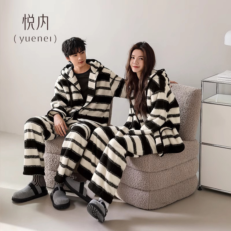 悦内半边绒情侣睡衣女秋冬款冬季珊瑚绒加绒保暖厚家居服条纹男士,淘宝优惠券,粉丝福利购,淘宝优惠卷