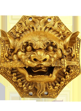 速发狮铜八角黄头摆件铜兽子八卦狮咬剑挂件铜狮头睚眦挂饰狮子头
