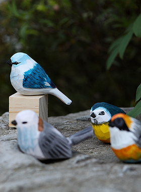 速发手工木雕日鸟摆公创意可爱灰蓝山雀桌面办件室车载装饰生小礼