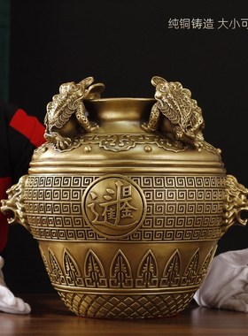 速发铜招宝盆摆件金蟾纯铜四方聚宝盆聚财日进斗金坛子钱摆家居罐