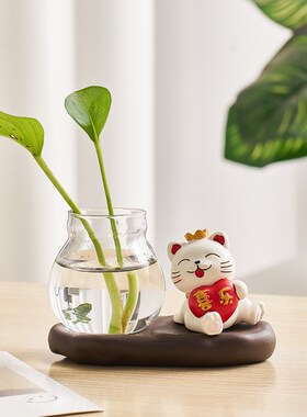 速发可爱创意招花猫透明玻璃水瓶小摆件办公室桌面装饰品财养插花