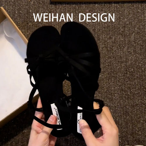 羊皮版！法式仙女风露趾凉鞋女夏粗跟外穿黑色编织配裙子罗马凉鞋 - 图3