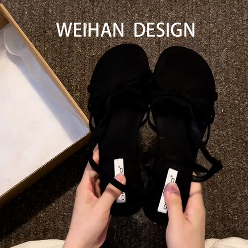 羊皮版！法式仙女风露趾凉鞋女夏粗跟外穿黑色编织配裙子罗马凉鞋 - 图2