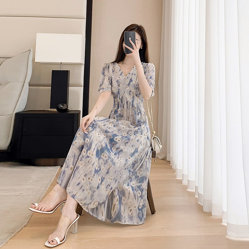 速发温柔裙碎风连衣花夏2024年新款中长款v领a字裙子 - 图3