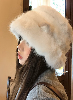 可爱猫咪耳朵渔夫帽女冬季2025新款防寒保暖毛绒帽子大头围盆帽子