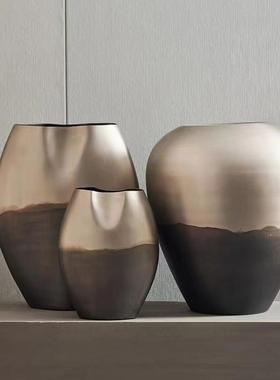 进口铝制新中式覆古禅意古铜色渐层金属花器样板间酒店花瓶装饰品