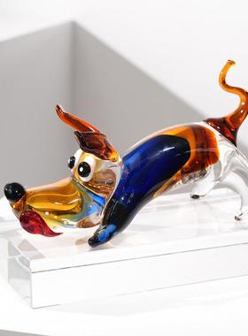 艺术玻璃招财狗摆件客厅样板房桌面玄关装饰动物吉祥轻奢摆设送礼