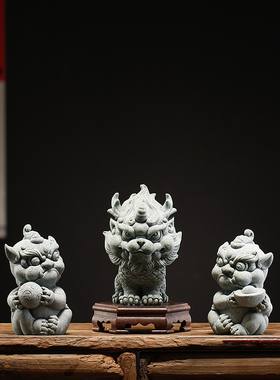 速发青砂石石狮子景号摆中式中国风桌面新件创意鱼缸盆景造小小摆