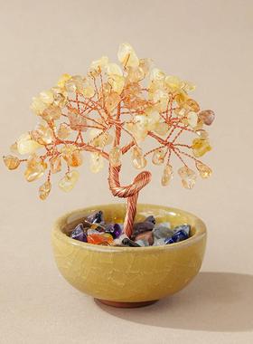 桌面财神天然水晶发财树招财摆件开业大吉生意兴隆财神爷摇钱树黄