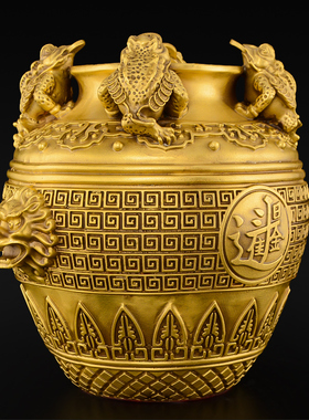 热销纯铜聚宝盆金蟾摆件客厅玄关酒柜装饰四方坛子存钱罐工艺品大