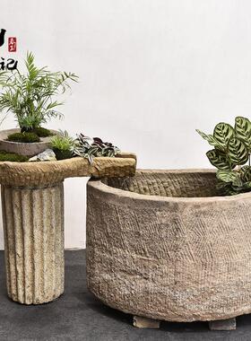 长嘴磨盘石槽流水摆件组合庭院花园水景老石磨荷花景观旧石头鱼缸