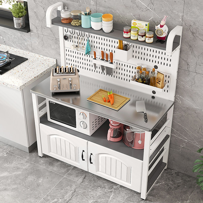 Kitchen stainless steel operating table, vegetable cutting table, hole plate with B rack, floor-standing multi-layer storage rack, multi-functional dining side