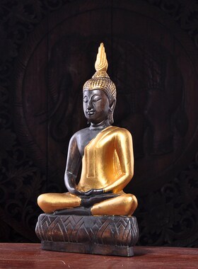 客厅电视柜酒柜摆件复古怀旧桌面摆件 H泰国玄关实木金箔坐佛摆设