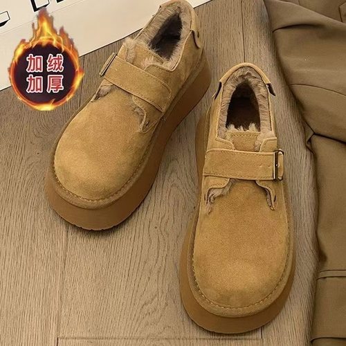 厚底加绒豆豆勃肯鞋女2025新款秋冬季毛毛乐福鞋博肯棉鞋子雪地靴 - 图3