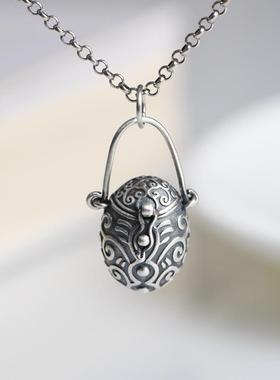 网红- 925银香囊兜兜 复古工艺 女士款如意水波纹提篮嘎乌吊坠