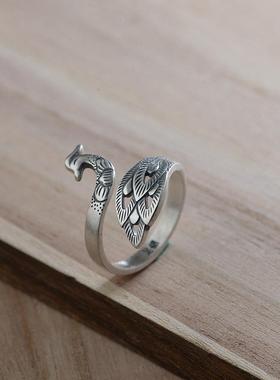 网红- 足银990复古泰银哑光工艺指环 开口凤凰女款银戒指