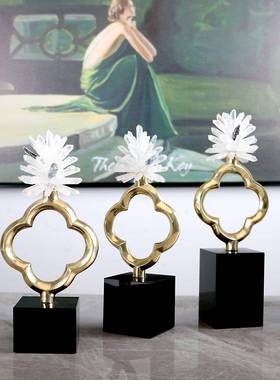 四叶草白色水晶花摆件黑色水晶底座高档卧室玄关家居软装装饰品