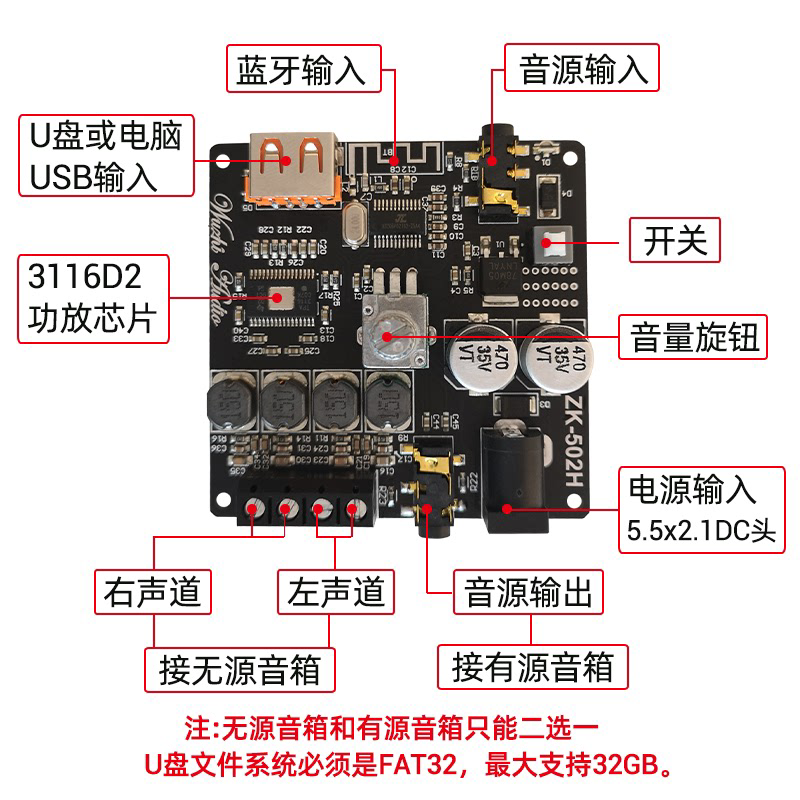 ZK-502H HIFI级2.0立体声蓝牙数字功放板模块TPA3116 50WX2 - 图0