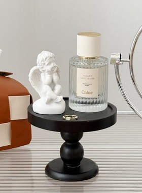 黑色复古木质香薰托盘摆件中古y风玄关收纳盘置物盘圆形高脚展示