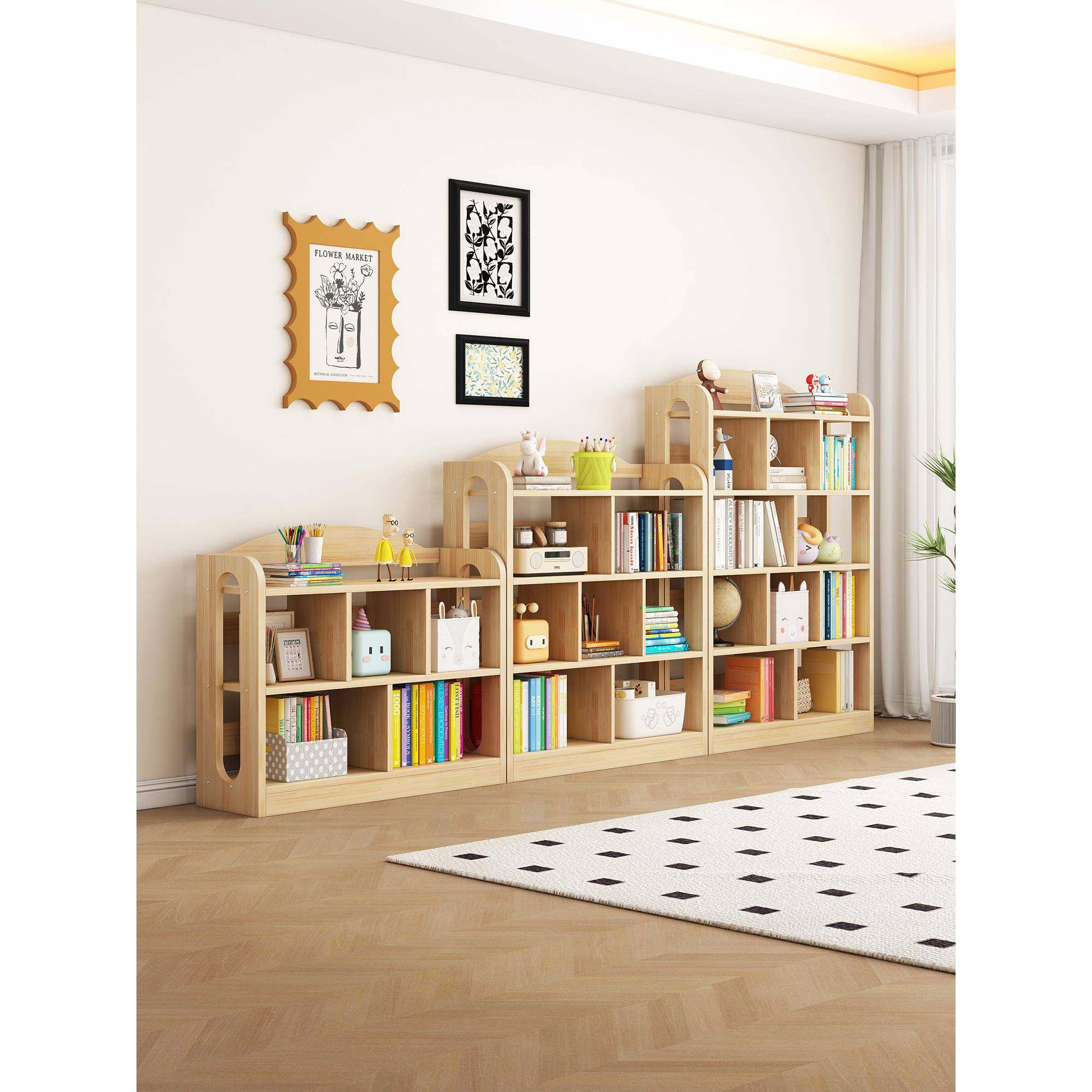 实木书架落地置物架简易家用儿童书柜一体靠墙格子柜矮柜置物柜,淘宝优惠券,粉丝福利购,淘宝优惠卷