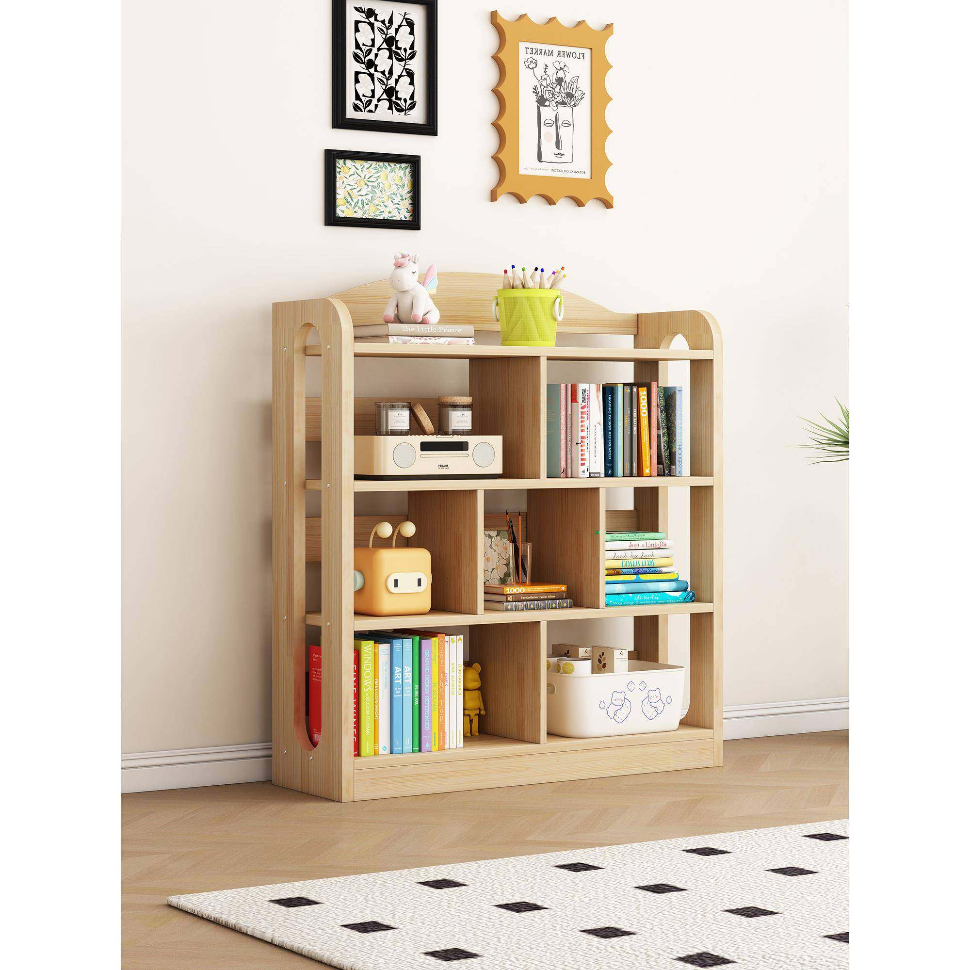 实木书架落地置物架简易家用儿童书柜一体靠墙格子柜矮柜置物柜,淘宝优惠券,粉丝福利购,淘宝优惠卷