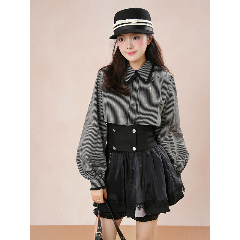 【十字颂歌】2026秋季条纹哥特显瘦衬衫十字腰封装饰不对称套装裙,淘宝优惠券,粉丝福利购,淘宝优惠卷