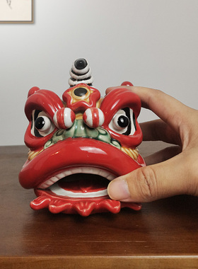 新中式醒狮舞狮h小摆件陶瓷狮头玄关博古架电视柜石湾公仔桌面摆