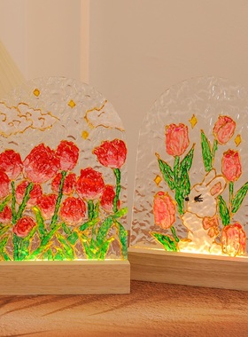 速发郁金香玻璃画自波纹小夜灯手工材料水制亚克力板绘儿画童礼物