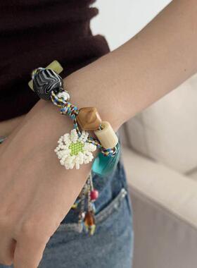 原创绿色丛林小众夏日百搭多功能手工编织手炼