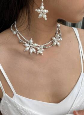 《白蔷薇》珍珠花朵手工串珠choker锁骨炼原创设计