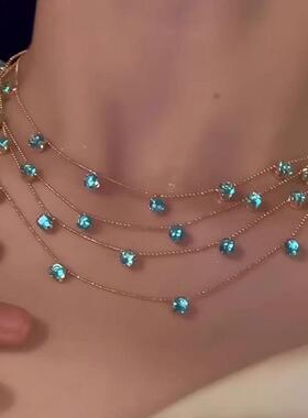 「蓝宝晨星」超闪蓝色锆石多层叠戴项炼精致轻奢小众高颜值锁骨炼
