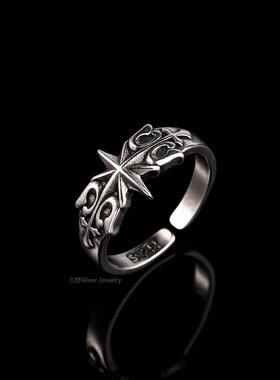 e日式覆古八角星戒，男骑士黑色八角星戒，嘻哈朋克风格