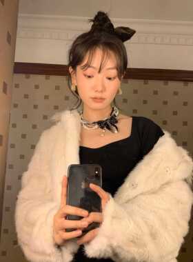 《加甜金酒》手工串珠重工项炼黑色蝴蝶结珍珠元素