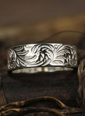 e菊地金蔷薇花唐草平打戒指小众复古手工制作高级感活口戒指