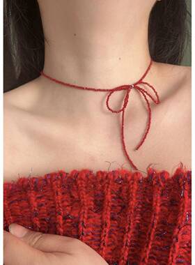 手工红色水晶珠串蝴蝶结项链手链耳钉小众甜美