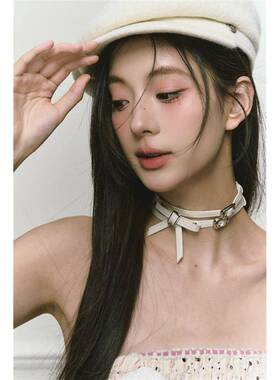 原创设计 白色双层皮带蝴蝶结颈饰项圈