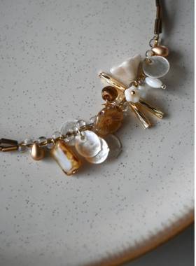 原创设计双层项炼女棕色覆古水晶花朵米珠锁骨炼choker