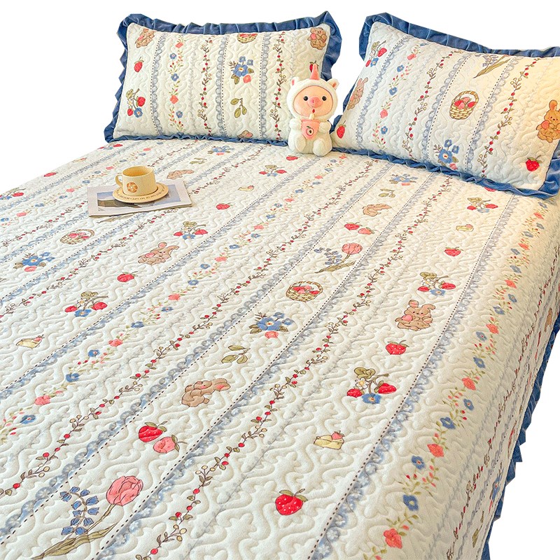 速发牛奶绒花边床盖冬季保暖珊瑚法兰榻绒防米榻滑三件式床组加厚 - 图0