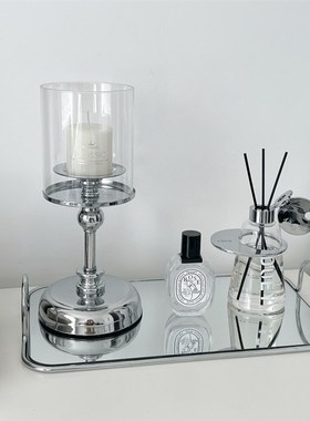 北欧轻奢镜面玻璃收纳p托盘水果盘金属银色简约拍摄道具桌面装饰