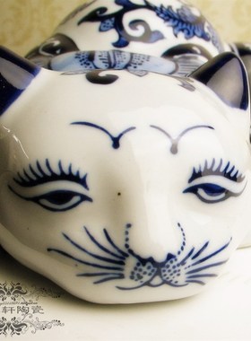 中式陶瓷青花瓷花猫复古欧式风桌面动Y物装饰摆件