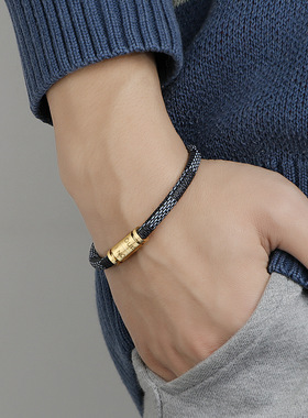 跨境电商欧美钛钢刻字老花色牛皮绳手链不锈钢磁扣男女情侣手环