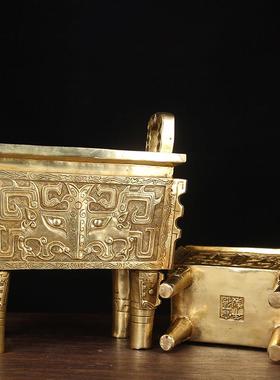 黄色铜兽鼎摆件 铜鼎摆件 铜四方鼎摆件 铜双龙鼎摆件