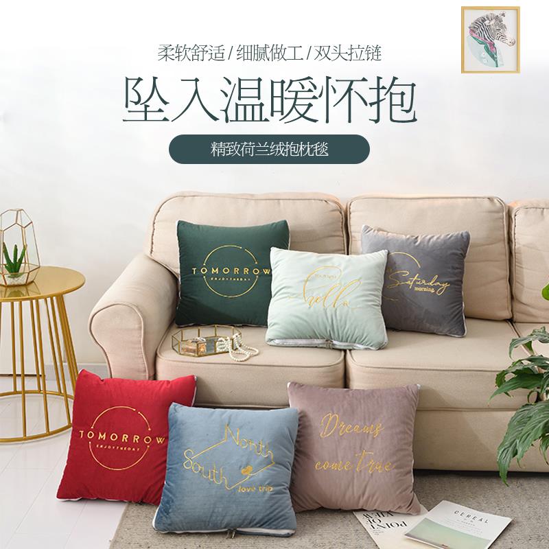 加大刺绣款抱枕被子两用汽车珊瑚绒折叠空调毯办公室靠垫午睡毯子 - 图1