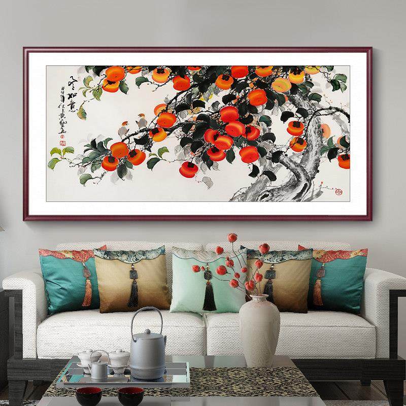 柿柿如意柿子画新中式餐厅挂画客厅沙发背景墙壁画办公室壁画国画,淘宝优惠券,粉丝福利购,淘宝优惠卷
