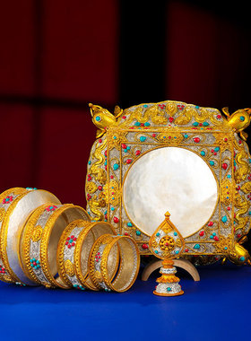 尼泊尔鎏金曼扎盘手工掐丝八吉祥曼茶盘曼茶罗整套15cm