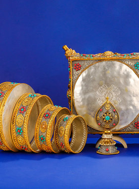 尼泊尔掐丝曼扎八吉祥鎏金曼茶罗龙头底座供曼茶盘超大号20cm