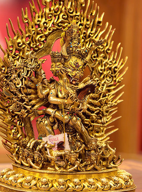 尼泊尔手工双身大威德佛像摆件手工錾刻铜像铜鎏金佛像摆件35.5cm