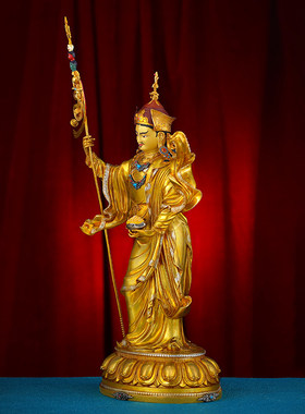 尼泊尔工艺站像莲花生大士莲师铜鎏金手工錾刻莲花大师铜佛像摆件