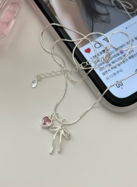 Qianana925纯银蝴蝶结粉钻项链女